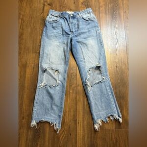 Free People Light Blue Destroyed Hem Straight Jeans